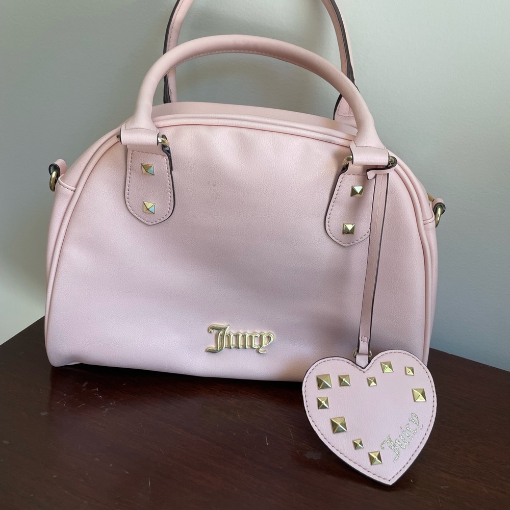 Juicy Couture Pink Purse with Heart Keychain and gold studs y2k fashion